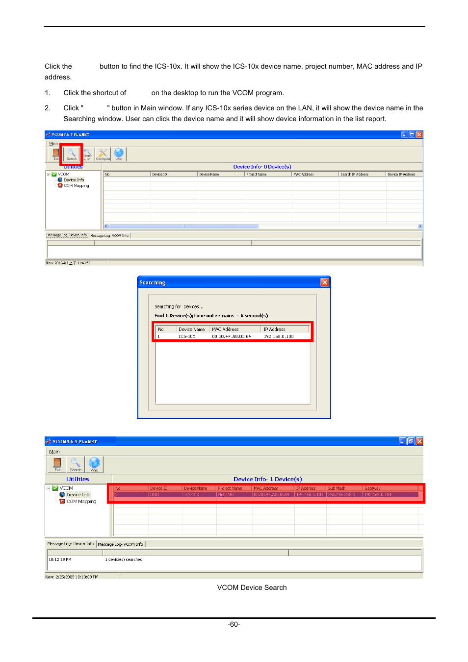 2 search the device, Earch the, Evice | PLANET ICS-102 User Manual | Page 65 / 73
