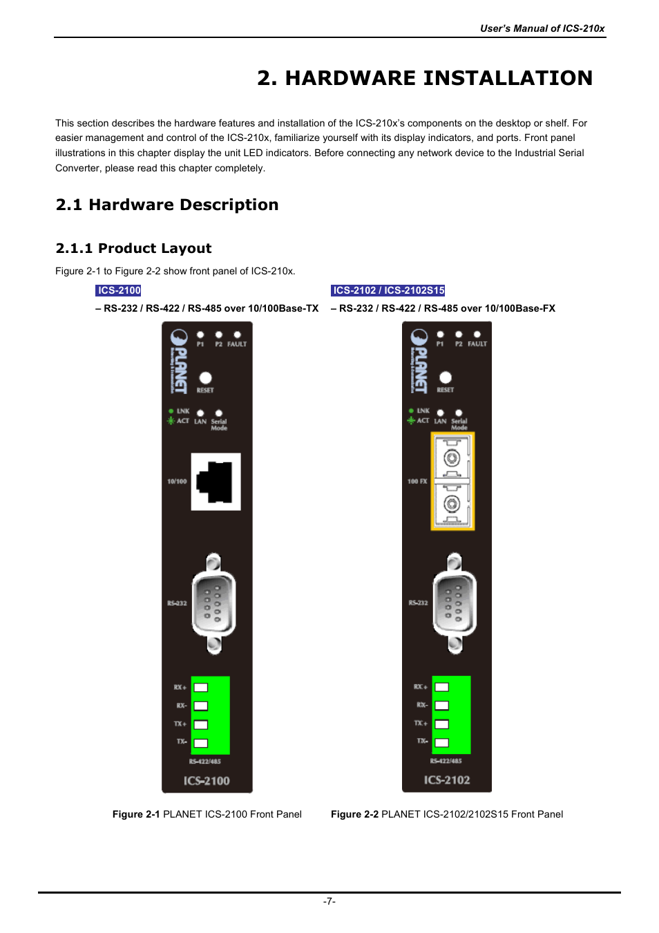 Hardware installation, 1 hardware description, 1 product layout | Ardware, Escription | PLANET ICS-2100 User Manual | Page 11 / 69