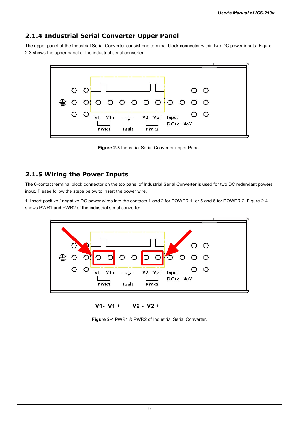 4 industrial serial converter upper panel, 5 wiring the power inputs | PLANET ICS-2100 User Manual | Page 13 / 69