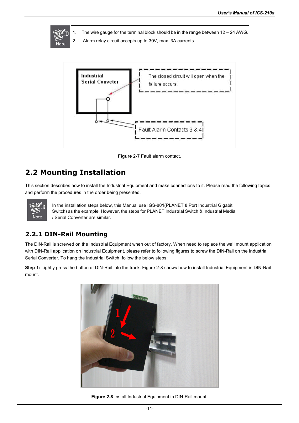 2 mounting installation, 1 din-rail mounting, Ounting | Nstallation | PLANET ICS-2100 User Manual | Page 15 / 69