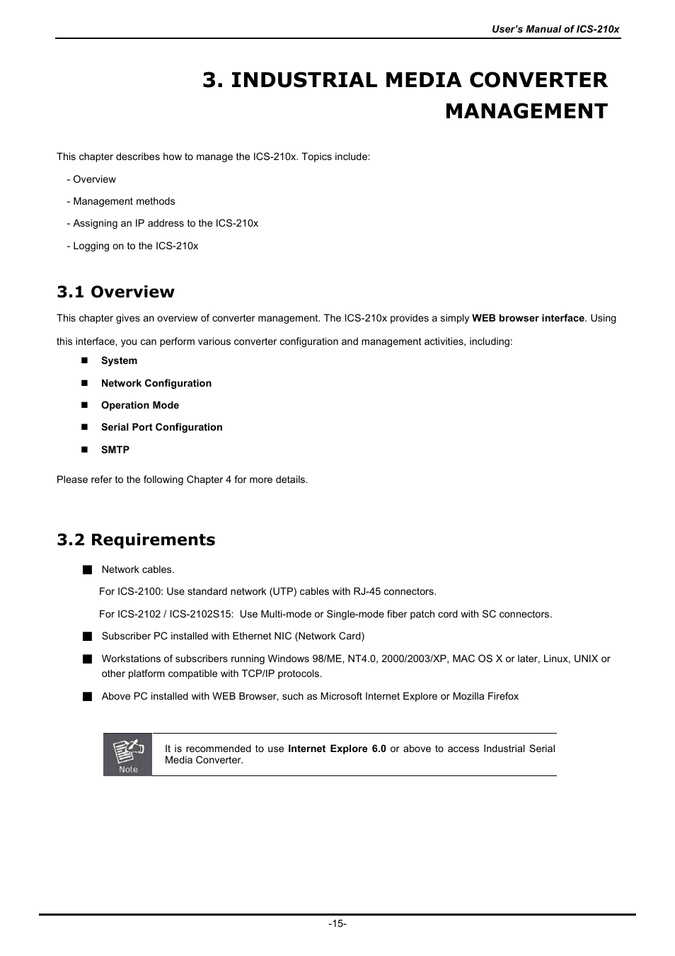 Industrial media converter management, 1 overview, 2 requirements | Verview, Equirements | PLANET ICS-2100 User Manual | Page 19 / 69