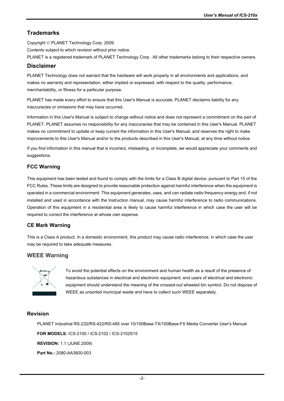 Trademarks, Disclaimer, Weee warning | PLANET ICS-2100 User Manual | Page 2 / 69