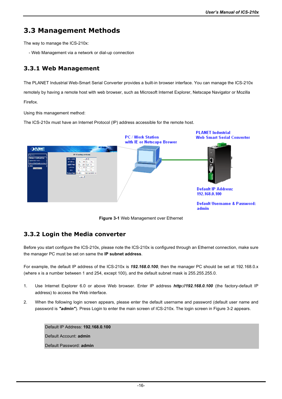3 management methods, 1 web management, 2 login the media converter | Anagement, Ethods | PLANET ICS-2100 User Manual | Page 20 / 69