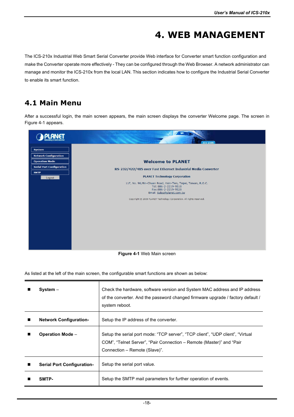 Web management, 1 main menu | PLANET ICS-2100 User Manual | Page 22 / 69