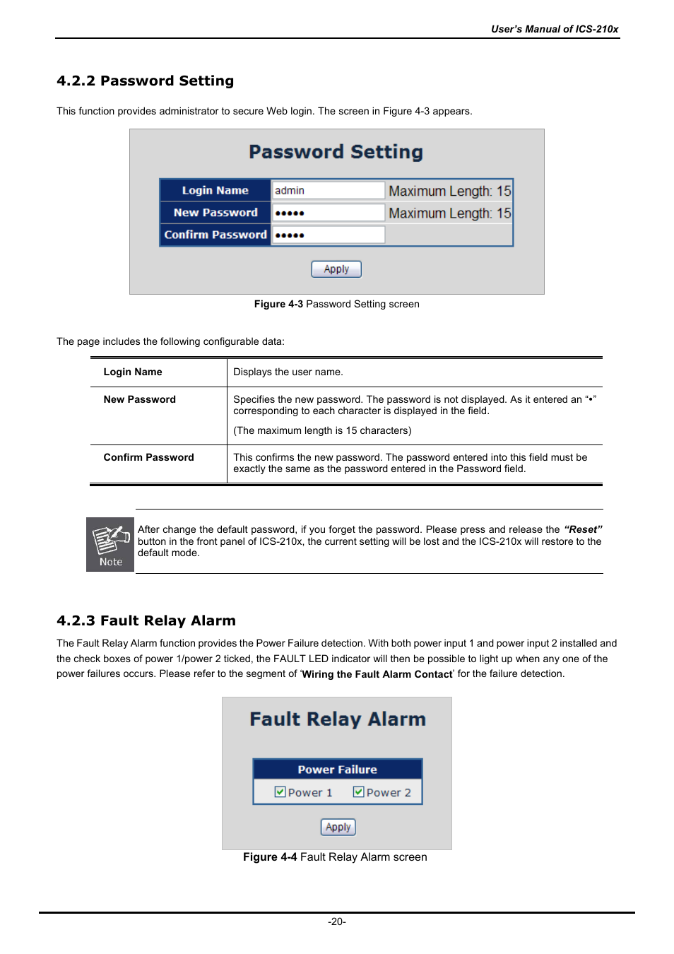 2 password setting, 3 fault relay alarm | PLANET ICS-2100 User Manual | Page 24 / 69