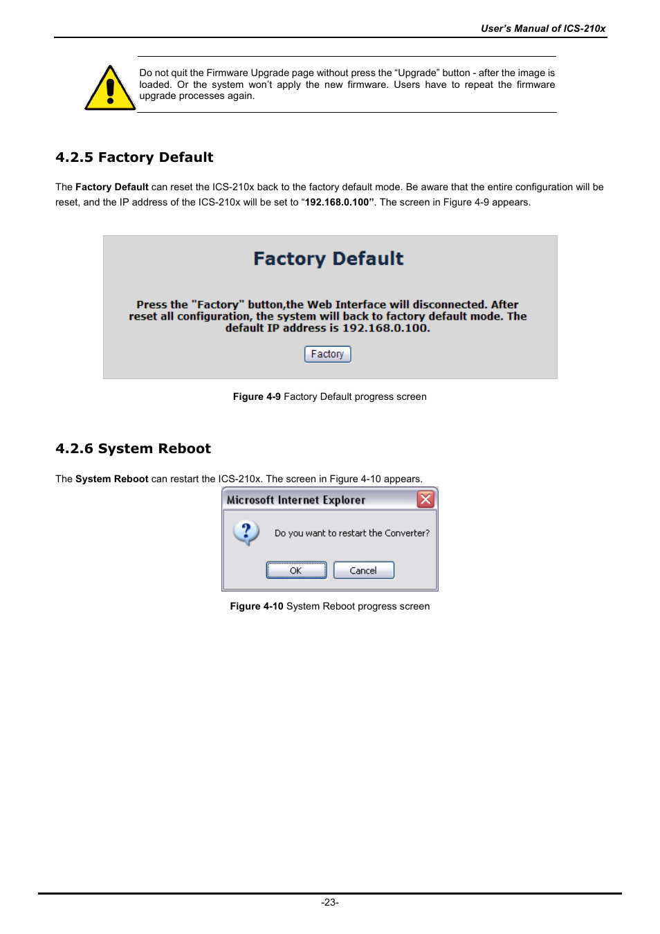 5 factory default, 6 system reboot | PLANET ICS-2100 User Manual | Page 27 / 69