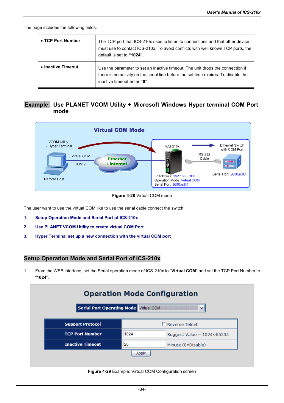 Example, Setup operation mode and serial port of ics-210x | PLANET ICS-2100 User Manual | Page 38 / 69