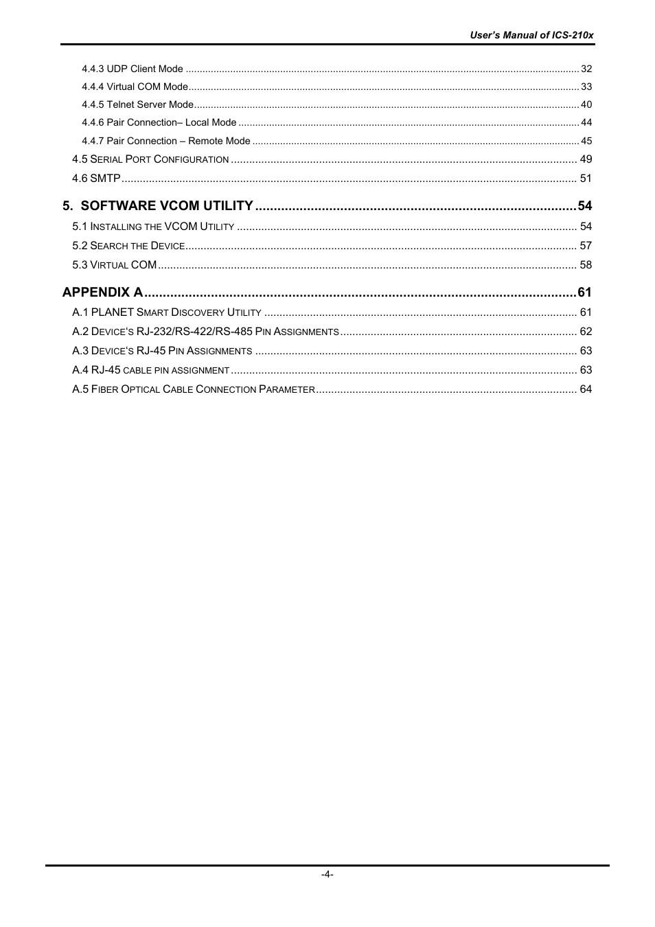 Software vcom utility, Appendix a | PLANET ICS-2100 User Manual | Page 4 / 69