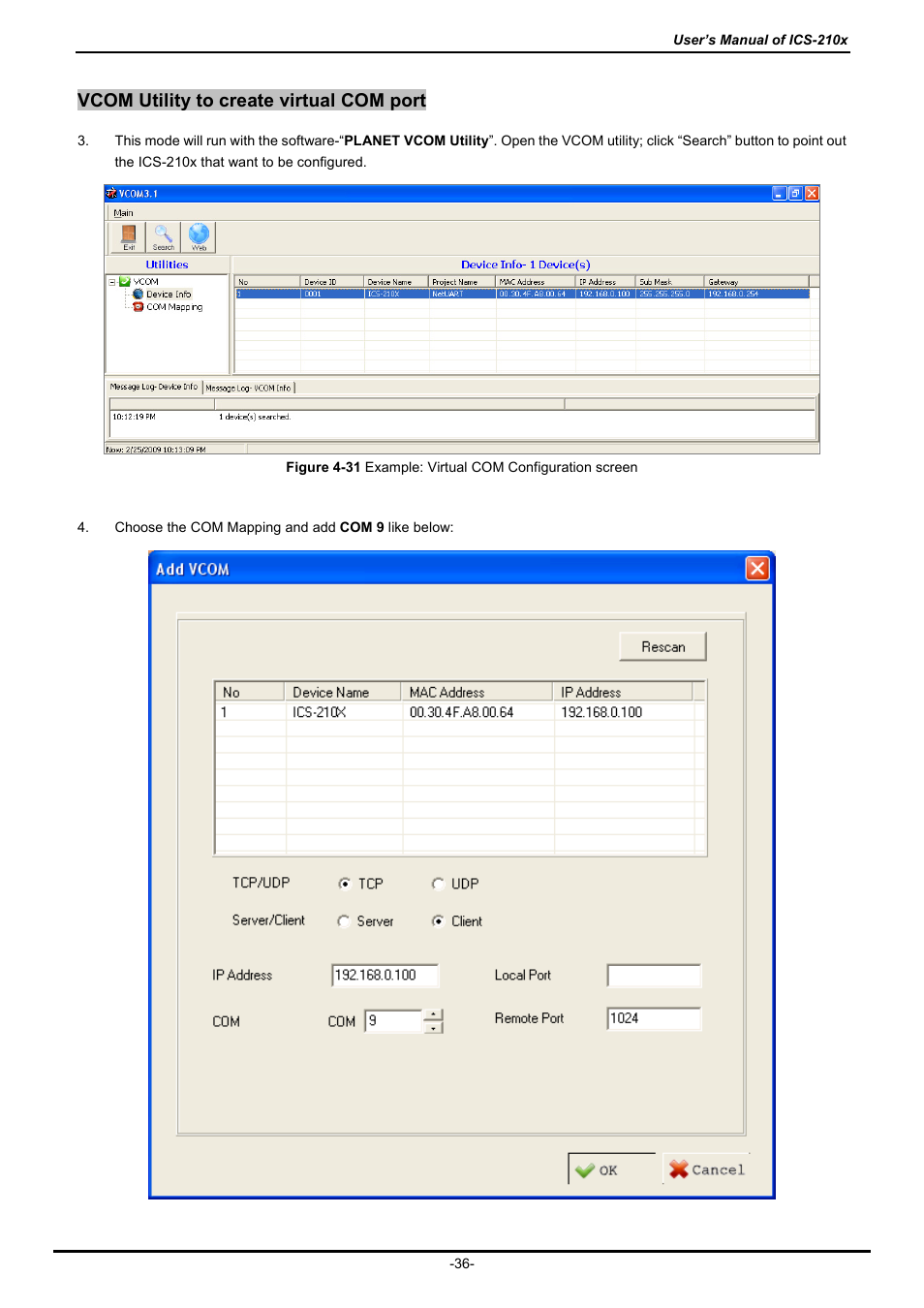 Vcom utility to create virtual com port | PLANET ICS-2100 User Manual | Page 40 / 69