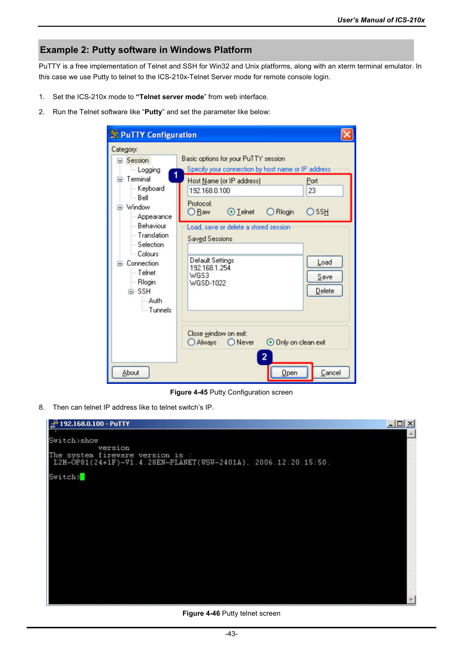 Example 2: putty software in windows platform | PLANET ICS-2100 User Manual | Page 47 / 69