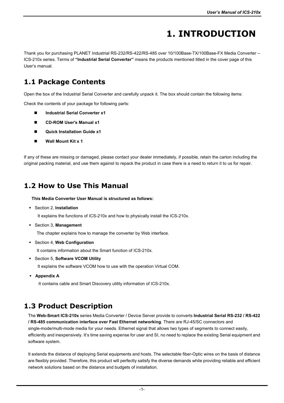 Introduction, 1 package contents, 2 how to use this manual | 3 product description, Ackage, Ontents, Ow to, Anual, Roduct, Escription | PLANET ICS-2100 User Manual | Page 5 / 69