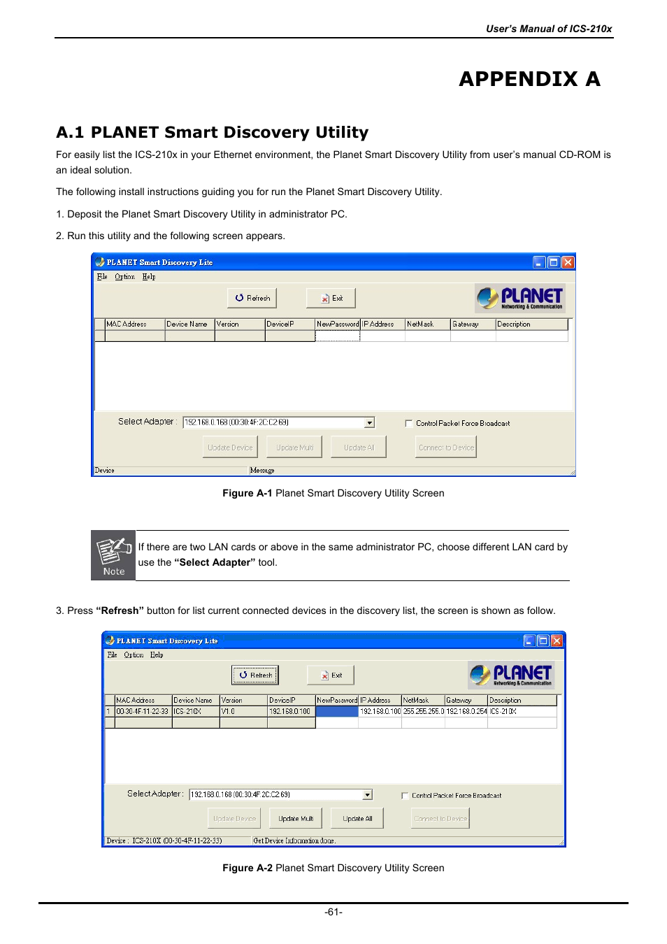 Appendix a, A.1 planet smart discovery utility, Planet | Mart, Iscovery, Tility | PLANET ICS-2100 User Manual | Page 65 / 69