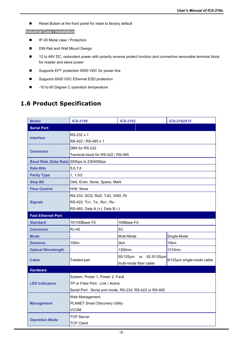 6 product specification, Roduct, Pecification | PLANET ICS-2100 User Manual | Page 9 / 69