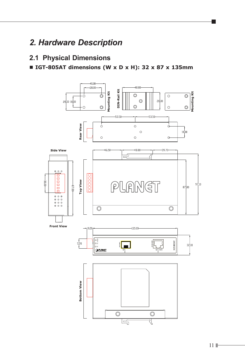 Hardware description, 1 physical dimensions | PLANET IGT-1205AT User Manual | Page 11 / 36
