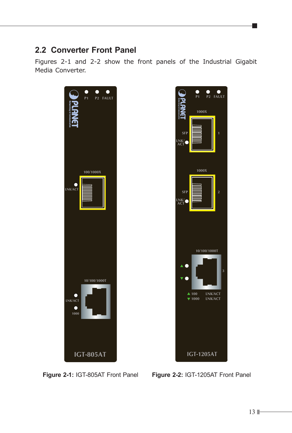2 converter front panel, Igt-805at, Igt-1205at | PLANET IGT-1205AT User Manual | Page 13 / 36