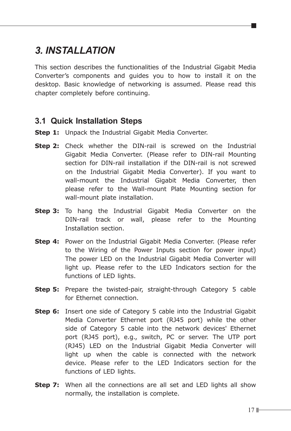 Installation, 1 quick installation steps | PLANET IGT-1205AT User Manual | Page 17 / 36