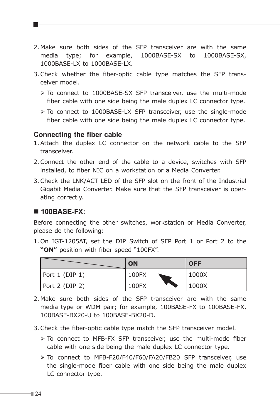 Connecting the fiber cable, 100base-fx | PLANET IGT-1205AT User Manual | Page 24 / 36