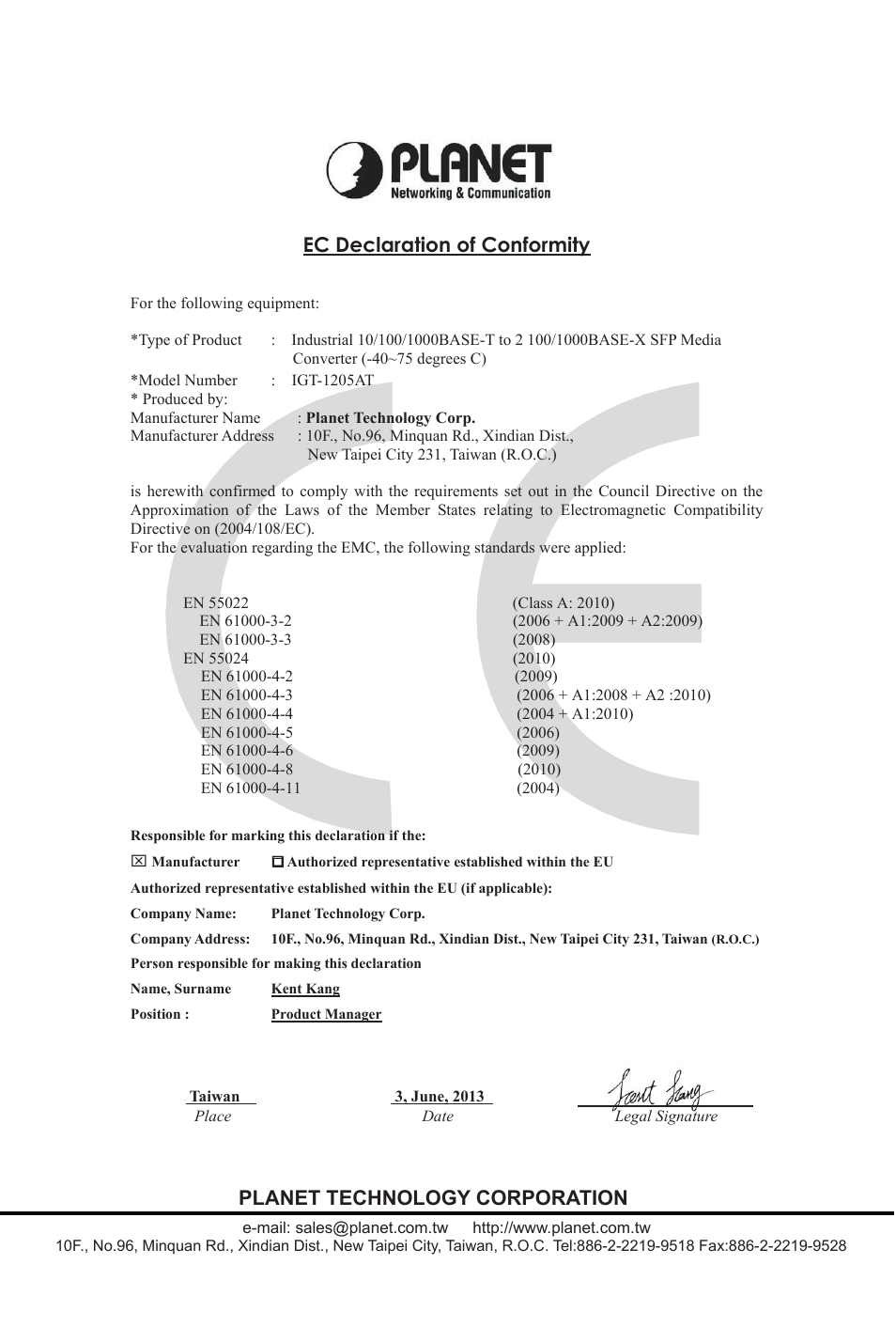 Ec declaration of conformity, Planet technology corporation | PLANET IGT-1205AT User Manual | Page 35 / 36