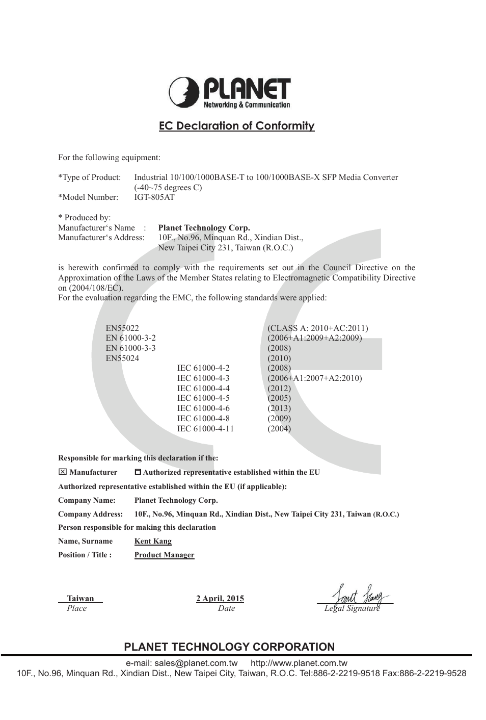 Ec declaration of conformity, Planet technology corporation | PLANET IGT-1205AT User Manual | Page 36 / 36