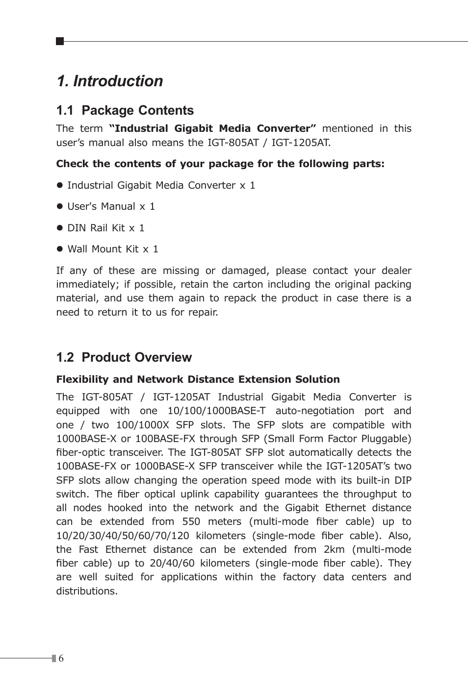 Introduction, 1 package contents, 2 product overview | PLANET IGT-1205AT User Manual | Page 6 / 36