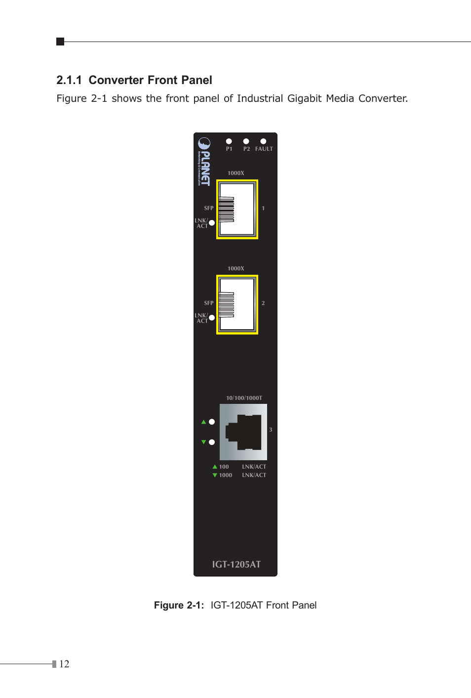1 converter front panel, Igt-1205at | PLANET IGT-1205AT User Manual | Page 12 / 32