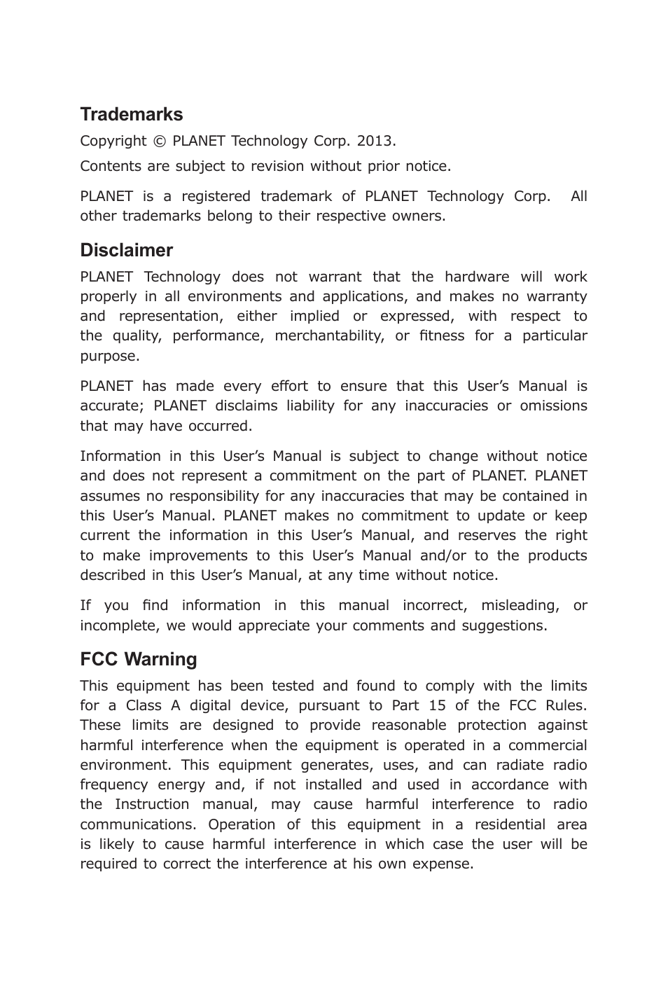 Trademarks, Disclaimer, Fcc warning | PLANET IGT-1205AT User Manual | Page 2 / 32