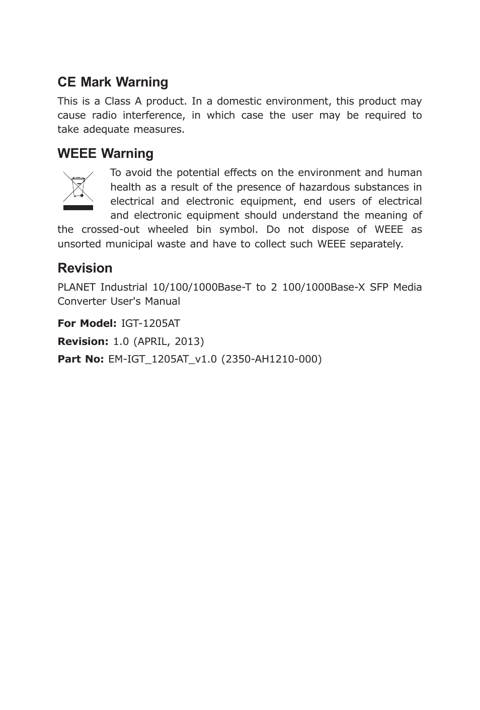 Ce mark warning, Weee warning, Revision | PLANET IGT-1205AT User Manual | Page 3 / 32