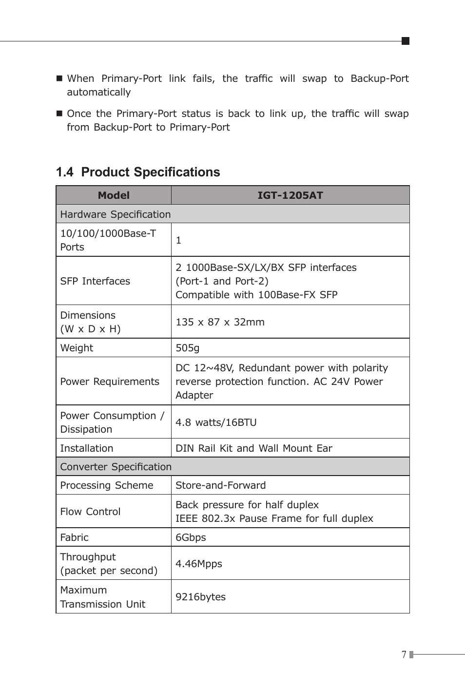 4 product specifications | PLANET IGT-1205AT User Manual | Page 7 / 32