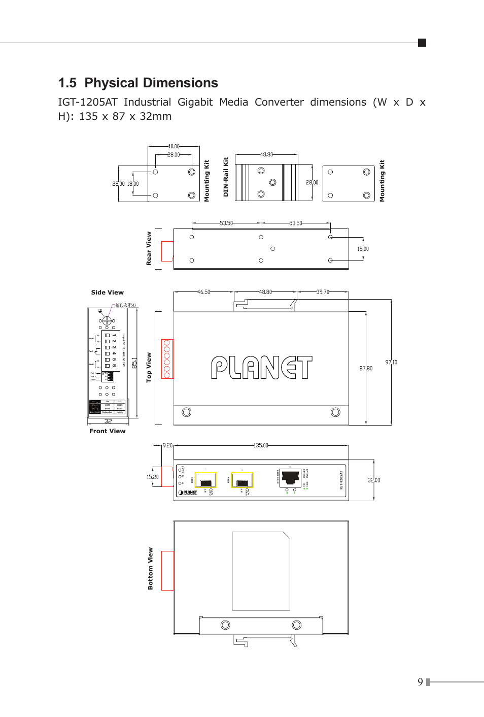 5 physical dimensions | PLANET IGT-1205AT User Manual | Page 9 / 32