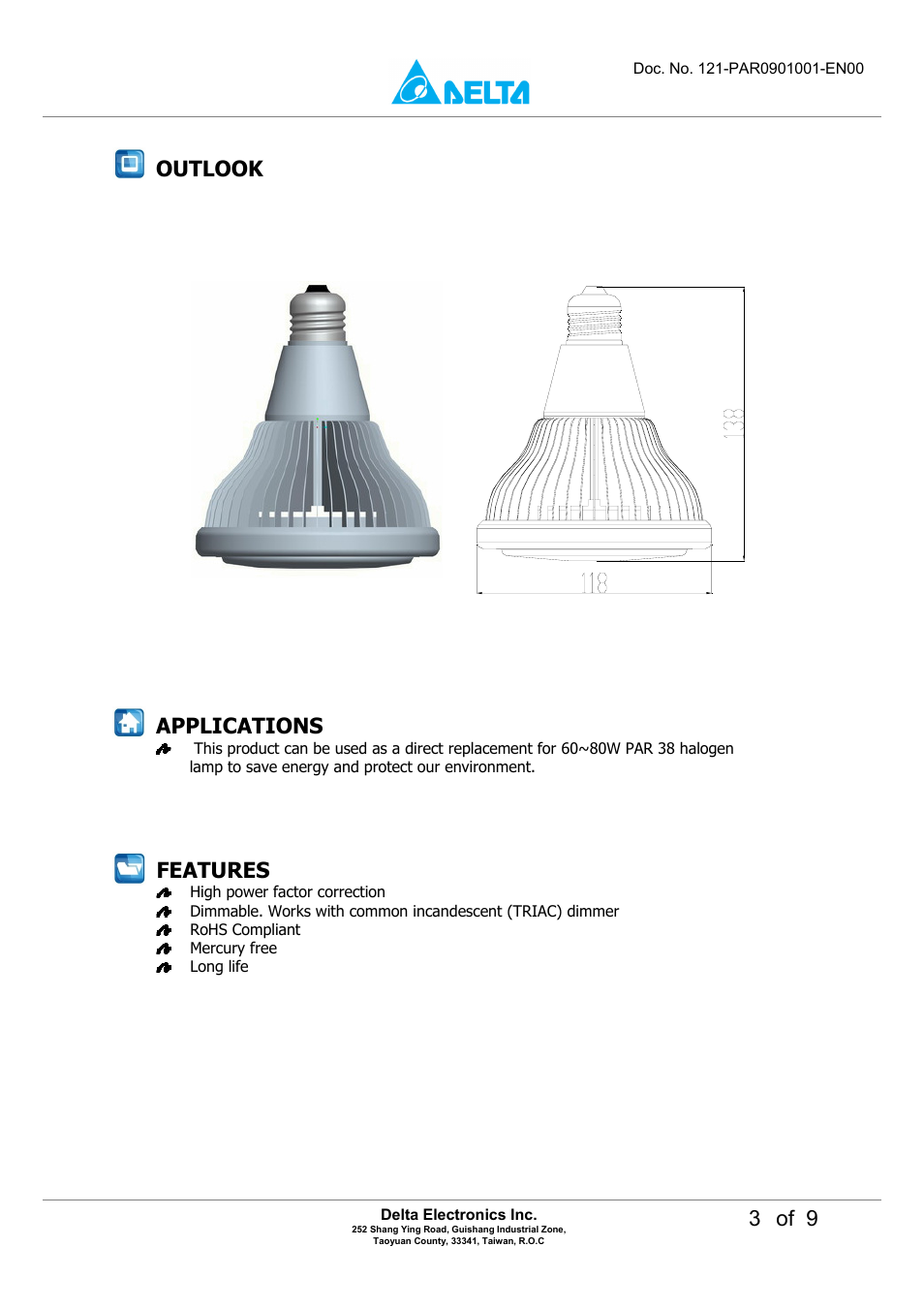 3 of 9, Outlook applications, Features | Delta Electronics LED Energy Saving Lamp P8DT-15A User Manual | Page 3 / 9