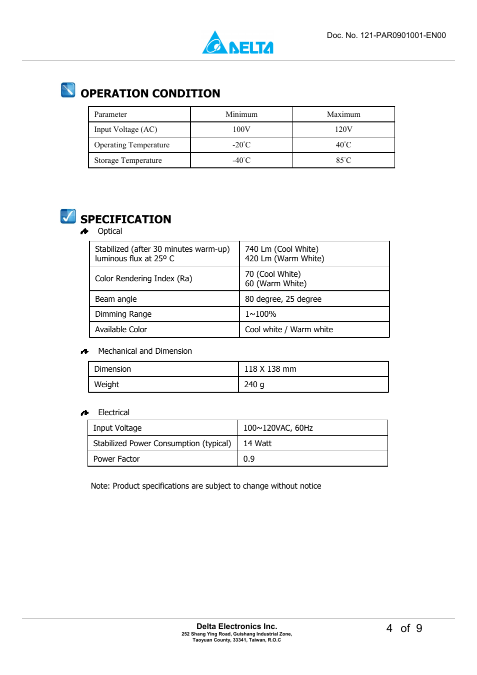 4 of 9, Specification, Operation condition | Delta Electronics LED Energy Saving Lamp P8DT-15A User Manual | Page 4 / 9