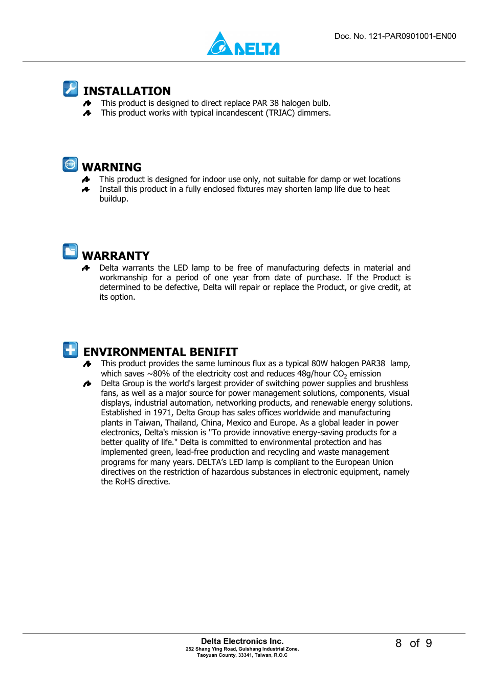 8 of 9, Warning, Warranty | Installation, Environmental benifit | Delta Electronics LED Energy Saving Lamp P8DT-15A User Manual | Page 8 / 9
