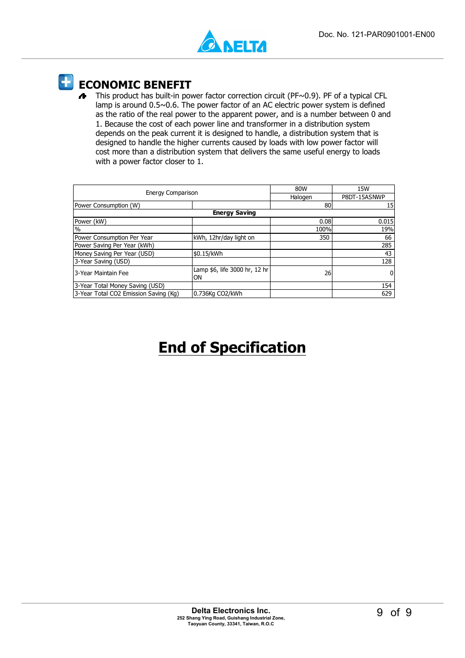 End of specification, 9 of 9, Economic benefit | Delta Electronics LED Energy Saving Lamp P8DT-15A User Manual | Page 9 / 9