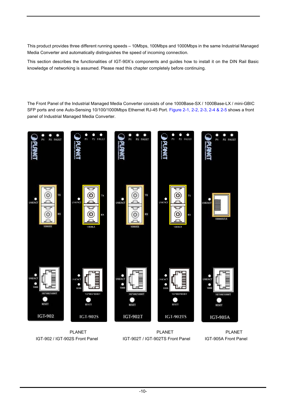 Hardware installation, 1 igt-90x front panel | PLANET IGT-902 User Manual | Page 10 / 65