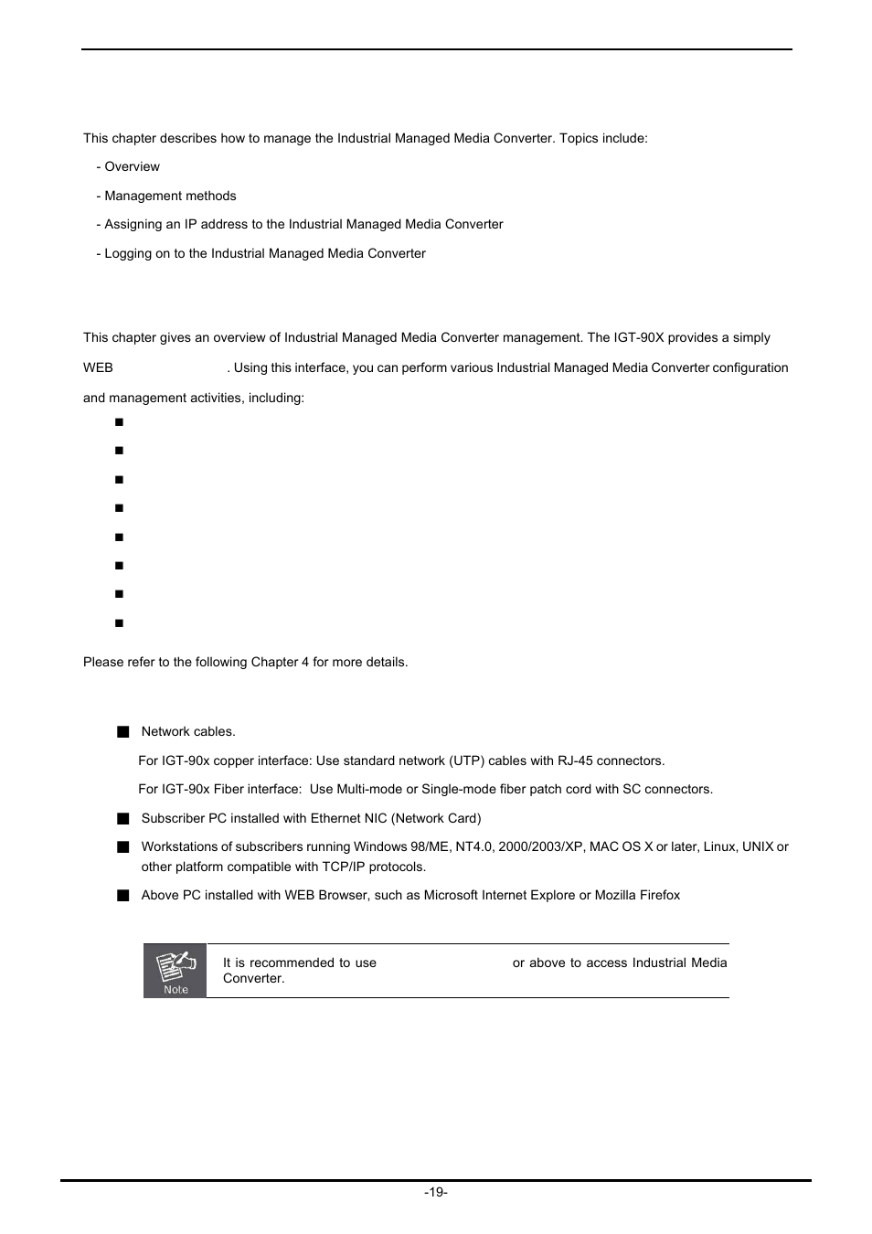 Industrial media converter management, 1 overview, 2 requirements | PLANET IGT-902 User Manual | Page 19 / 65