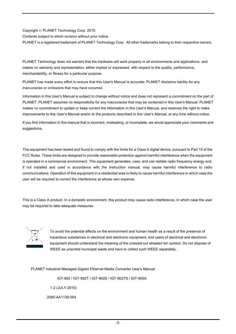 Trademarks, Disclaimer, Fcc warning | Ce mark warning, Weee warning, Revision | PLANET IGT-902 User Manual | Page 2 / 65