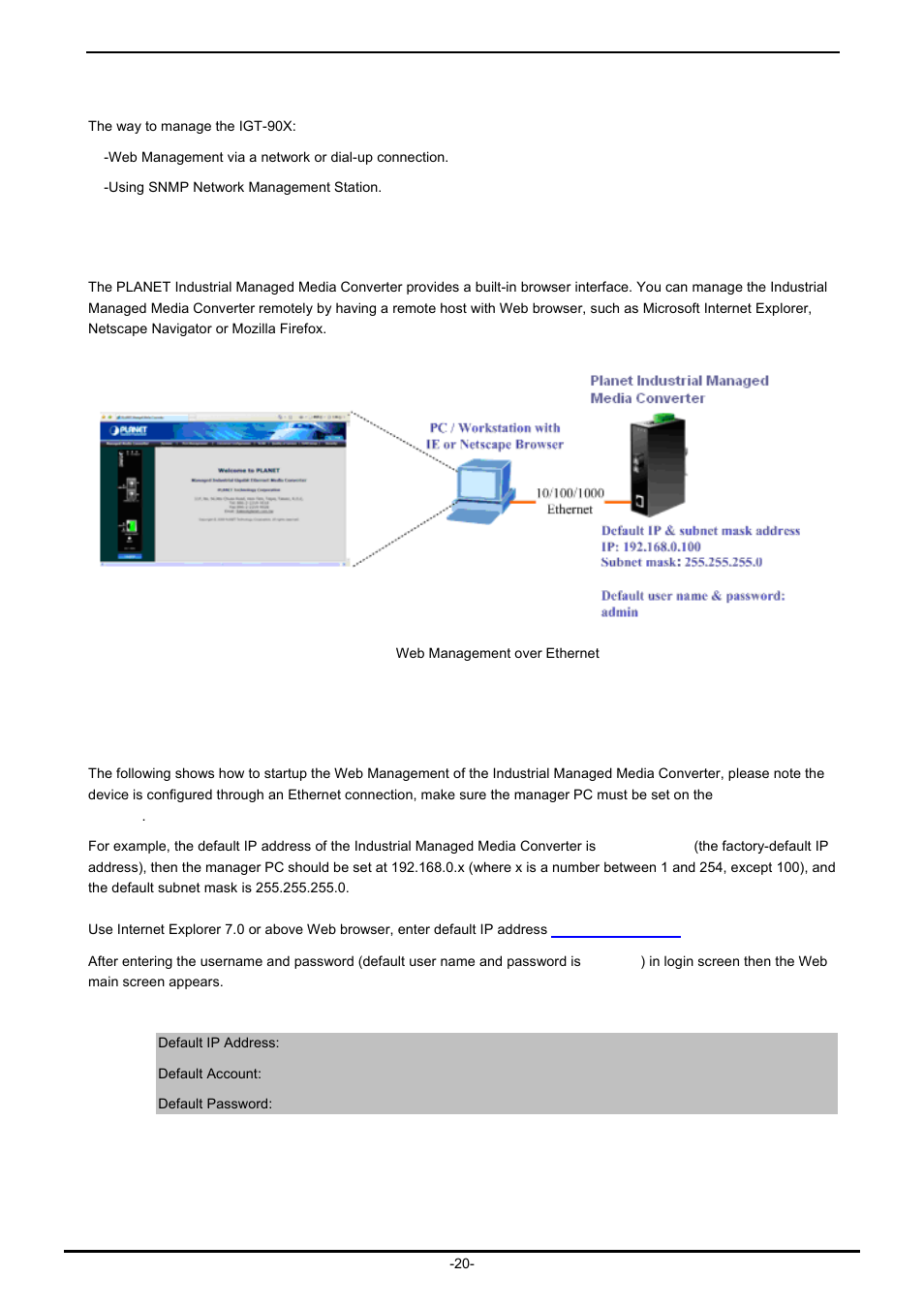 3 management methods, 1 web management, 2 login the industrial managed media converter | PLANET IGT-902 User Manual | Page 20 / 65