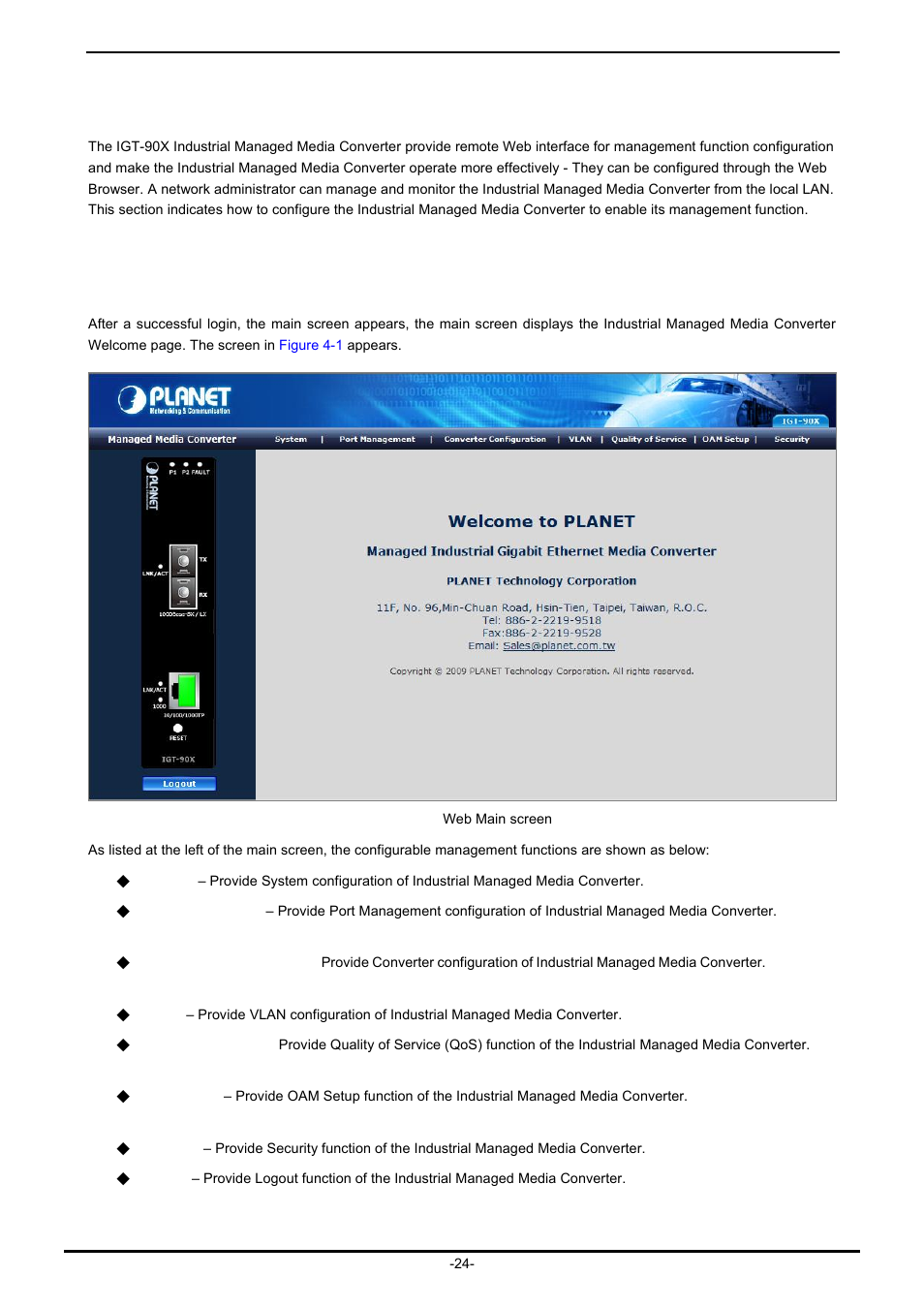 Web management, 1 main menu | PLANET IGT-902 User Manual | Page 24 / 65