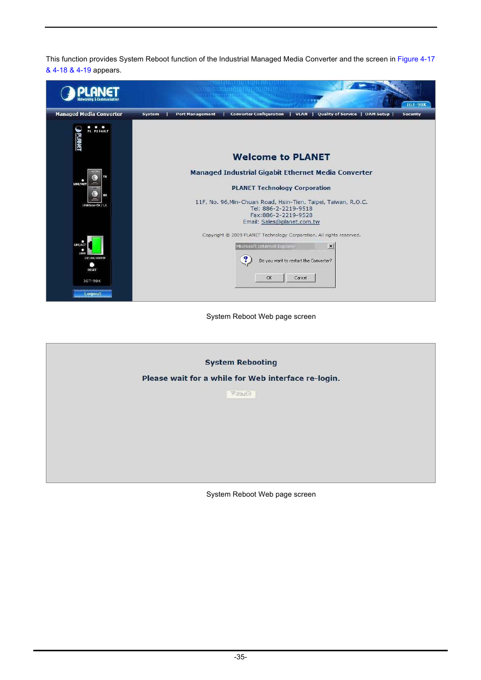 7 system reboot | PLANET IGT-902 User Manual | Page 35 / 65