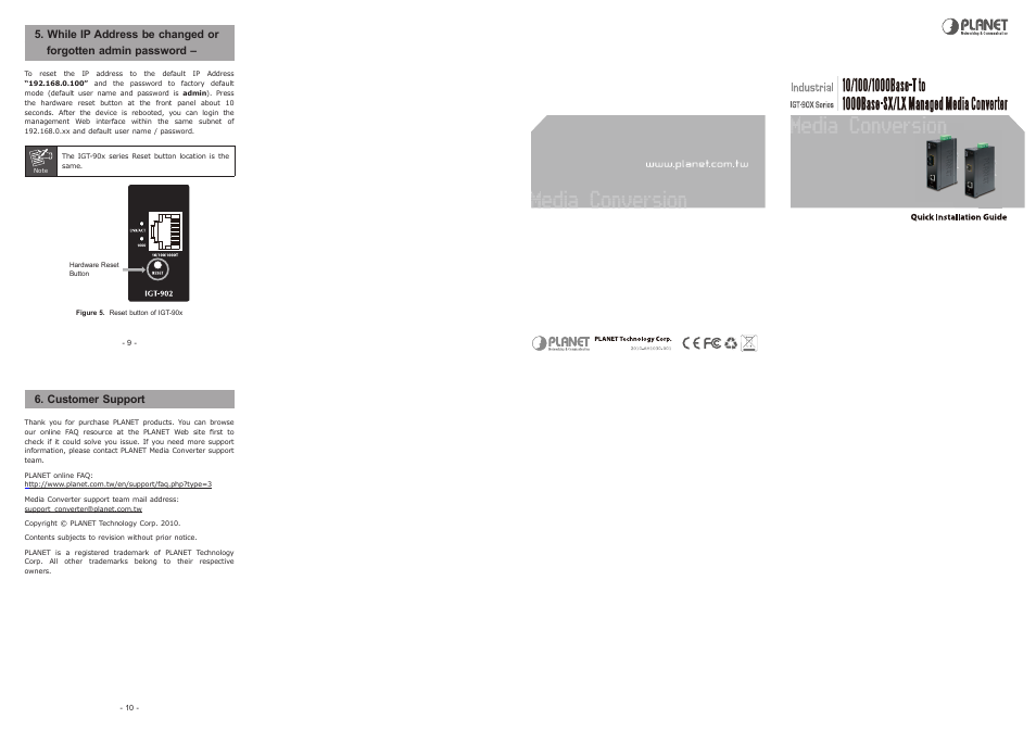 Customer support | PLANET IGT-902 User Manual | Page 2 / 2