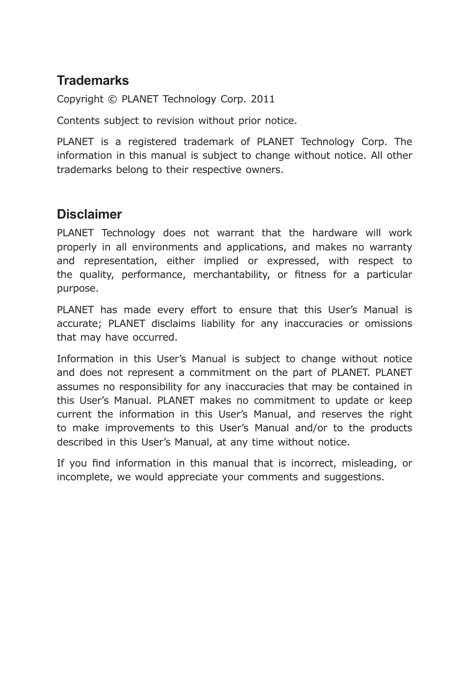 Trademarks, Disclaimer | PLANET IVC-2002 User Manual | Page 2 / 28