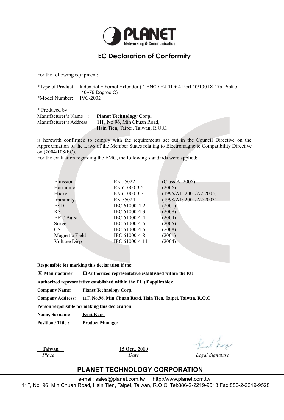 Ec declaration of conformity, Planet technology corporation | PLANET IVC-2002 User Manual | Page 27 / 28