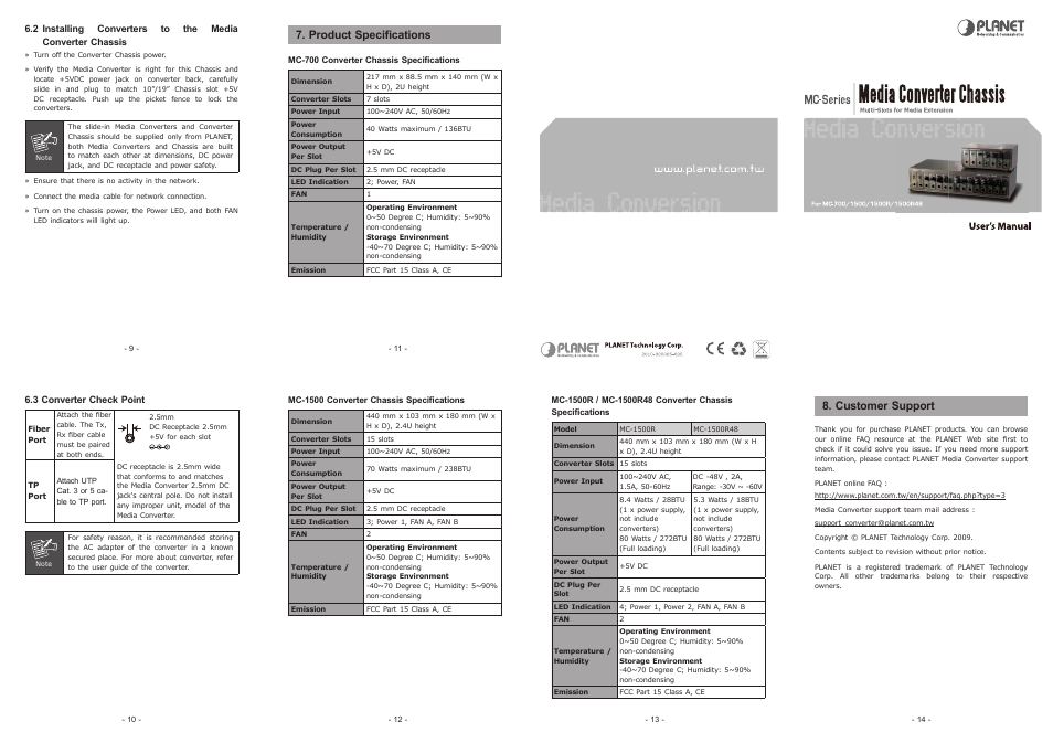 Product specifications, Customer support | PLANET MC-1500 User Manual | Page 2 / 2