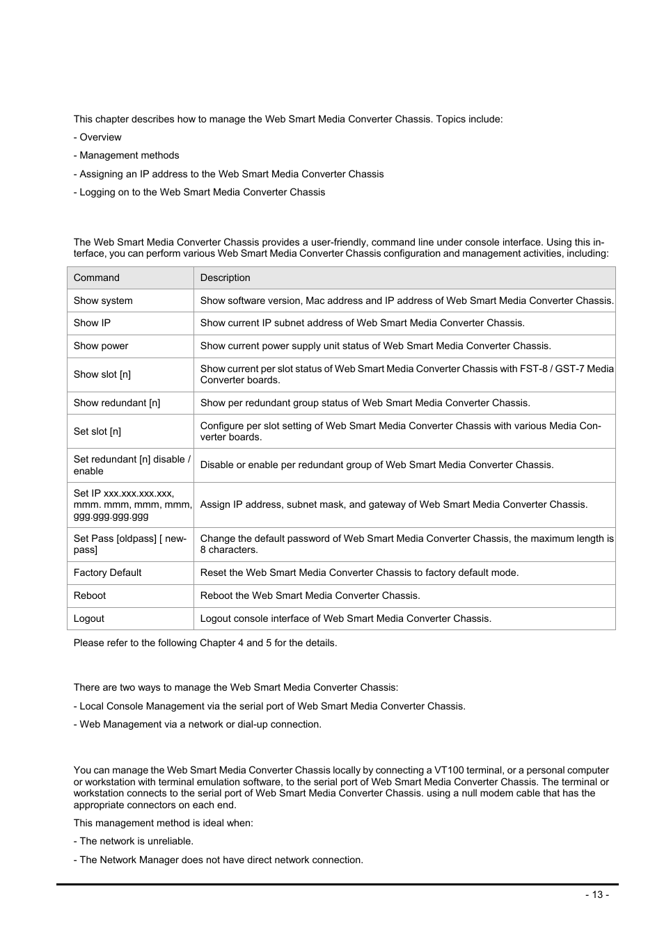 Web smart media converter chassis management, 1 overview, 2 management methods | 1 local console management, Verview, Anagement, Ethods | PLANET MC-1600MR User Manual | Page 13 / 51