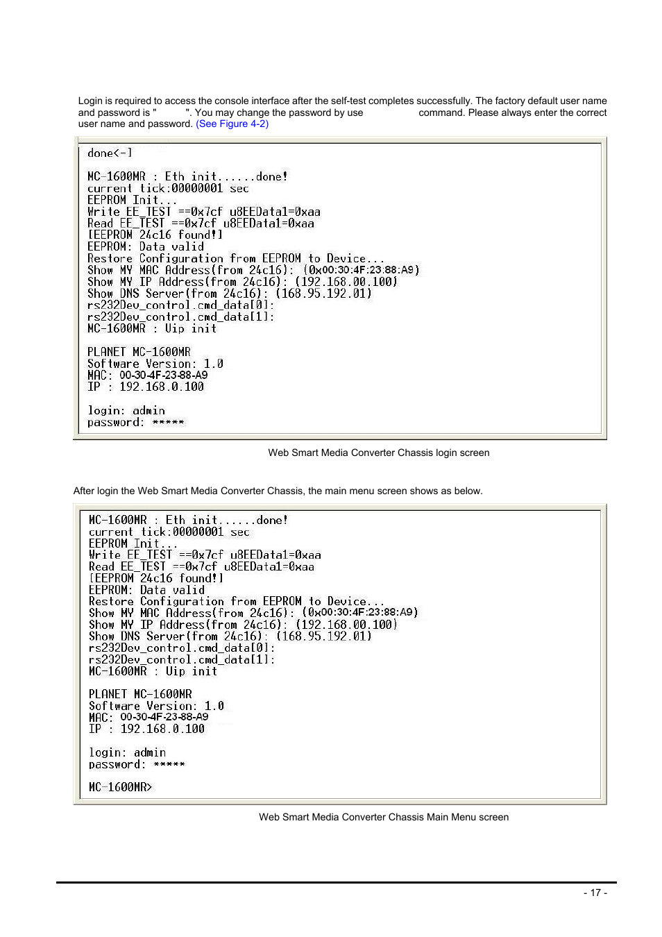2 login in, 3 main menu screen, Ogin in | Enu screen | PLANET MC-1600MR User Manual | Page 17 / 51