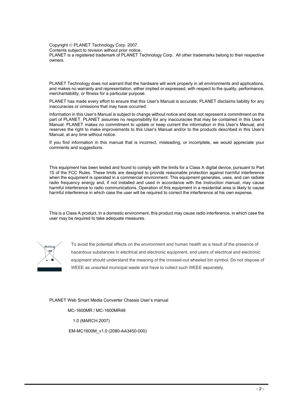 Trademarks, Disclaimer, Fcc warning | Ce mark warning, Weee warning, Revision | PLANET MC-1600MR User Manual | Page 2 / 51