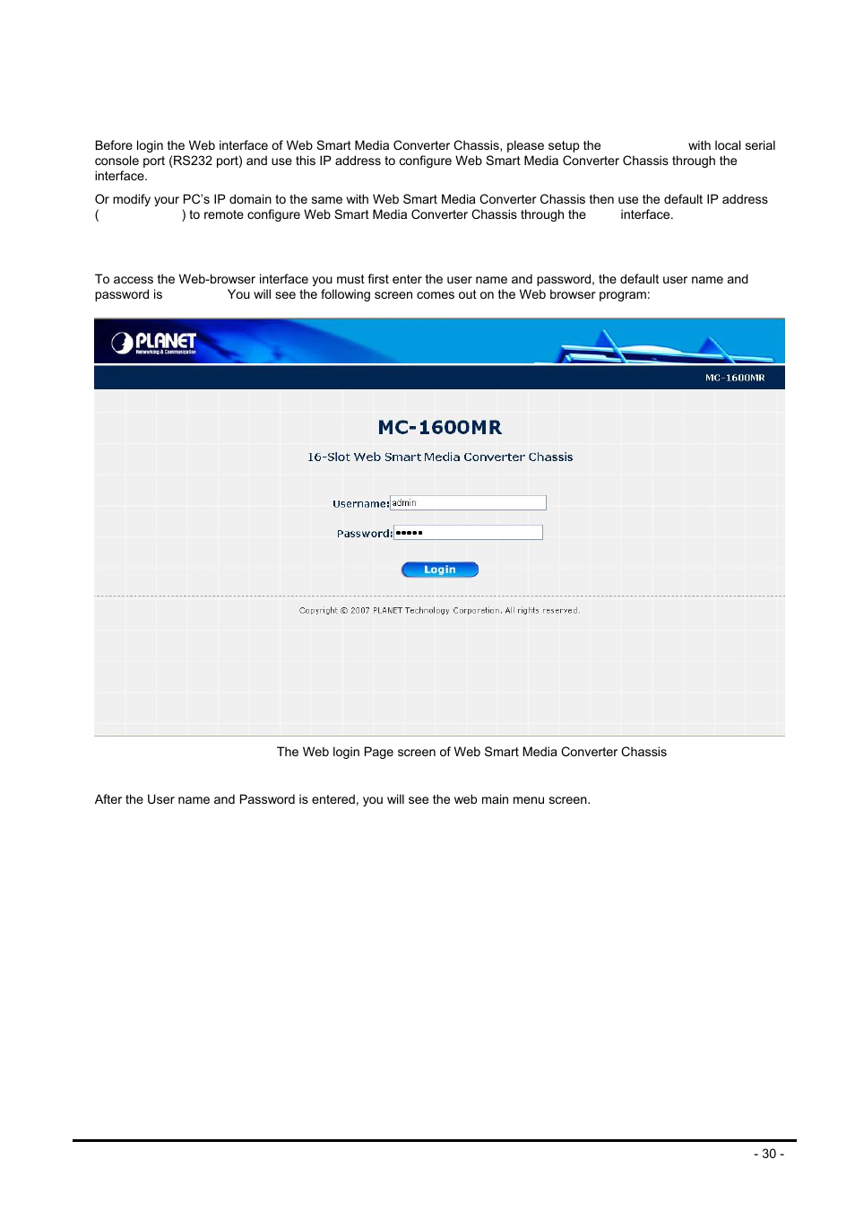 Web management, Ogin in to the, Mart | Edia, Onverter, Hassis | PLANET MC-1600MR User Manual | Page 30 / 51