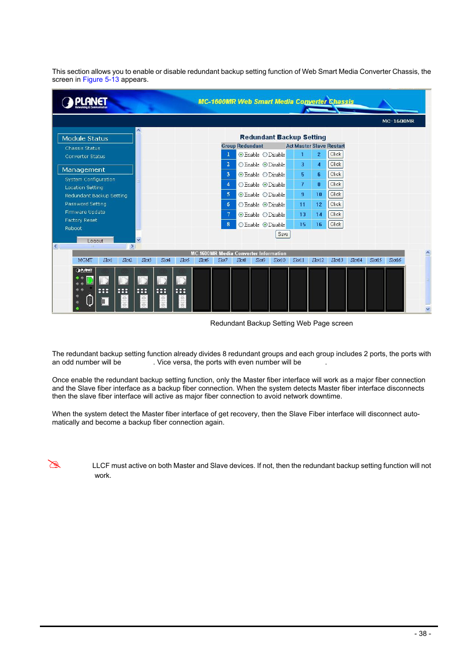 6 redundant backup setting, Edundant, Ackup | Etting | PLANET MC-1600MR User Manual | Page 38 / 51