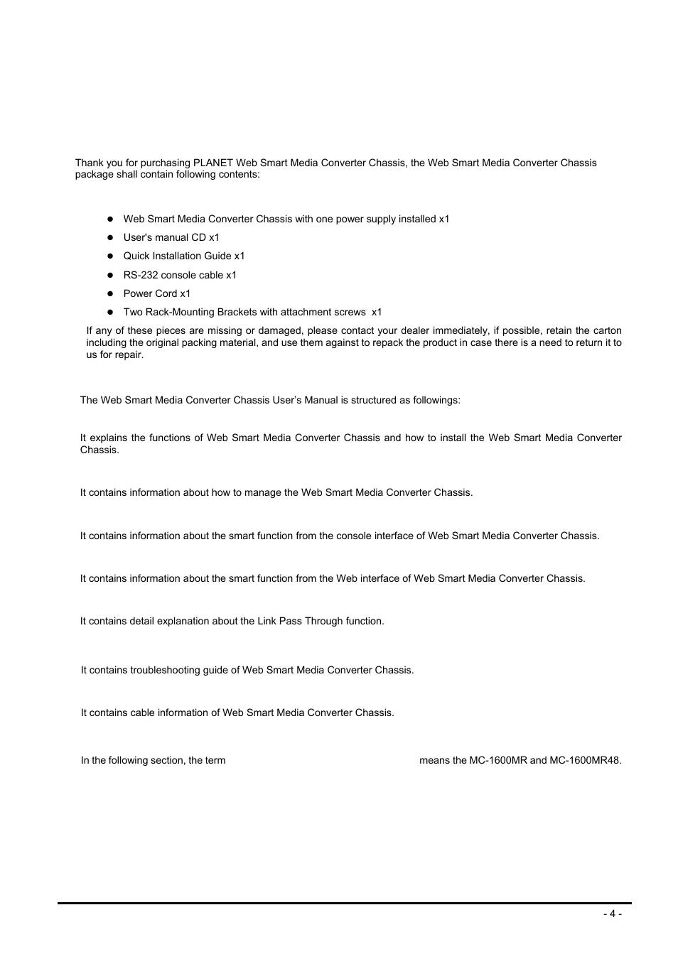 Introduction, 1 package contents, 2 how to use this manual | Ackage, Ontents, Ow to, Anual | PLANET MC-1600MR User Manual | Page 4 / 51