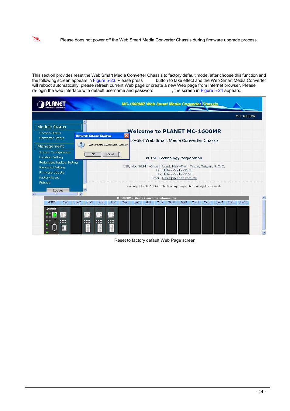 9 restore system default, Estore, Ystem | Efault | PLANET MC-1600MR User Manual | Page 44 / 51